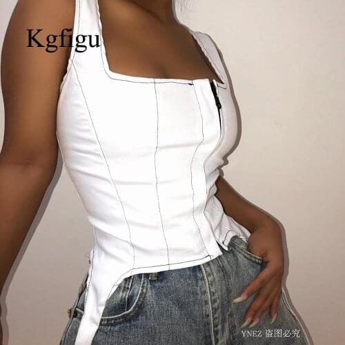 KGFIGU Sexy Women Zipper Tank tops 2019 Summer cropped t shirts White Denim short camisole streetwear Corset Top Women Sexy