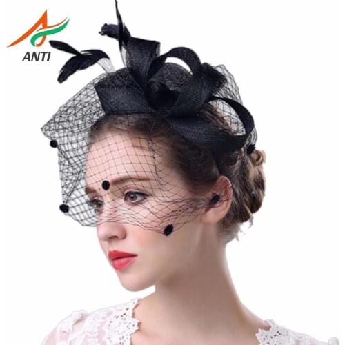 ANTI Hot selling Fashion Women Fascinator Penny Mesh Hat Ribbons And Feathers Wedding Hat 7.3 pamelas y tocados para bodas gelin
