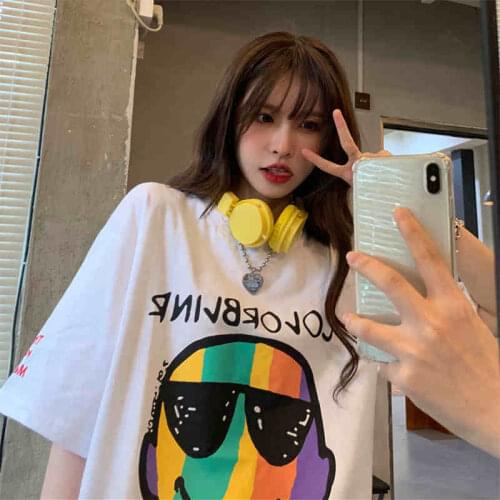 Harajuk Kawaii Water Color Face Tshirts Short-Sleeved Womens Sweet And Cute Casual Clothes Vintage Oversized Korean Style Tops
