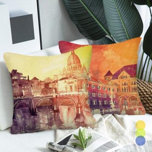 Watercolor Building Scenery Cushion Cover Fauxlinen Decorative Pillowcase Home Vintage Decor for Living Room Sofa Couch Pillow