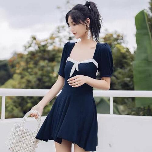 2021 New Retro Square-Neck Low-Cut Sexy Jumpsuit With Tied Rope Behind Back And High-Waist Pleated Skirt Hot Spring Swimsuit