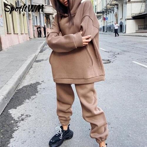 SpotltWM Women Solid Fleece Two Piece Sets Casual Fashion Tracksuit Loose Long Sleeve Hooded Sweatshirt And Pencil Pants Suits