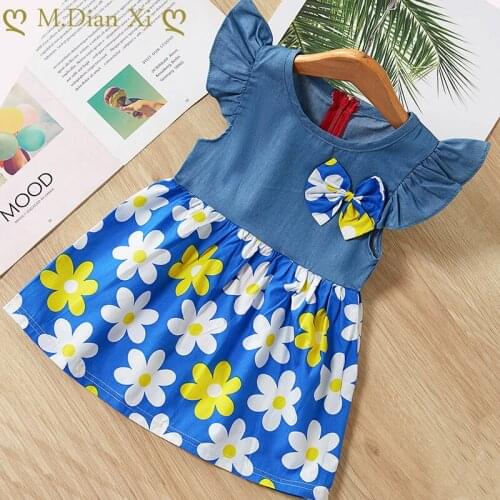 Girls Clothing Dress Summer New Girls Flying Sleeve Denim Daisy Stitching Dress Girls Princess Birthday Party Tutu Dress 1-5Y