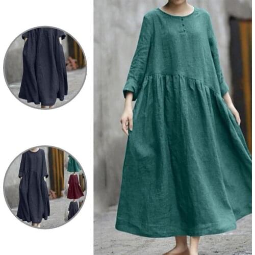 Skin-Touch Trendy Long Sleeve O-Neck Maxi Dress Large Hem Oversized Dress O-Neck for Vacation