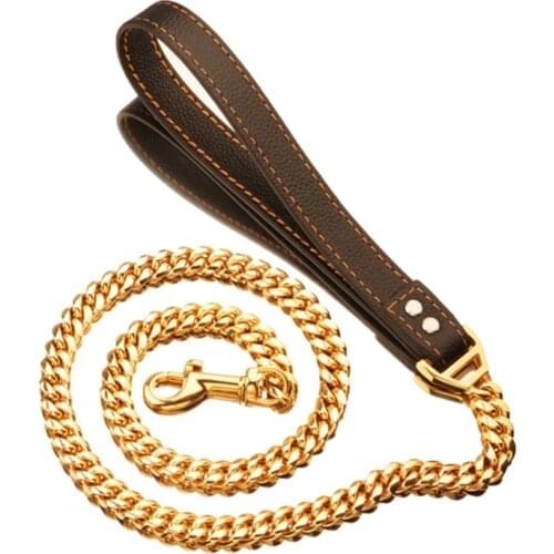 Dog Leash Pet Lead Stainless Steel 14mm Gold Dog Chain Collar Lead Pet Leather for Small Large Dogs Pitbull Bulldog Collar Leash