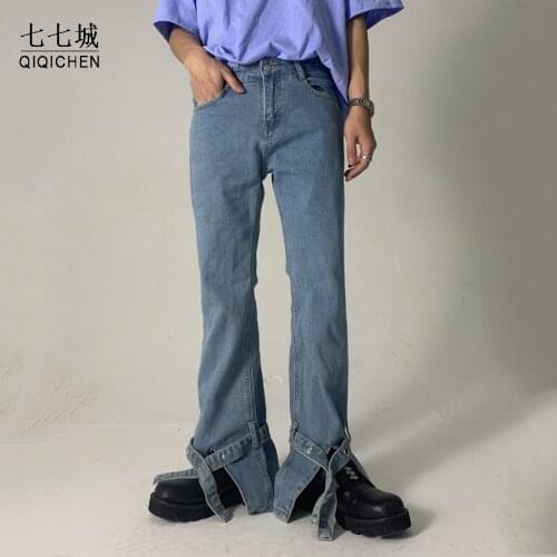 Mens Streetwear Straight Jeans Hip Hop Vintage Hem Strap Split Fork Casual Trousers Male Korean Denim Flares Pants Women 2021