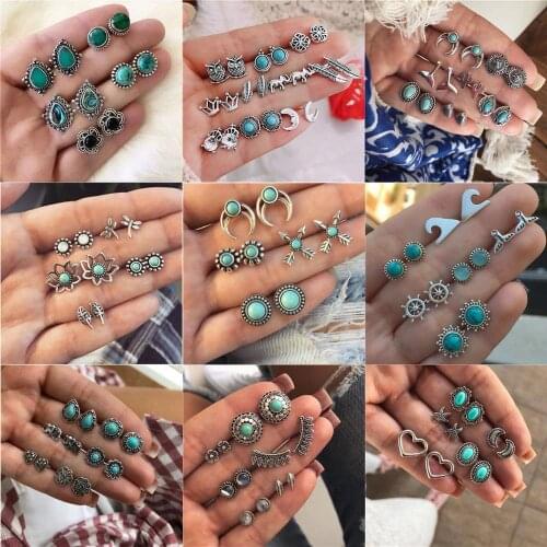 Modyle 6 Pairs/set Women Earrings Set Brincos Jewelry Bohemian Green Stone Stud Earrings for Women