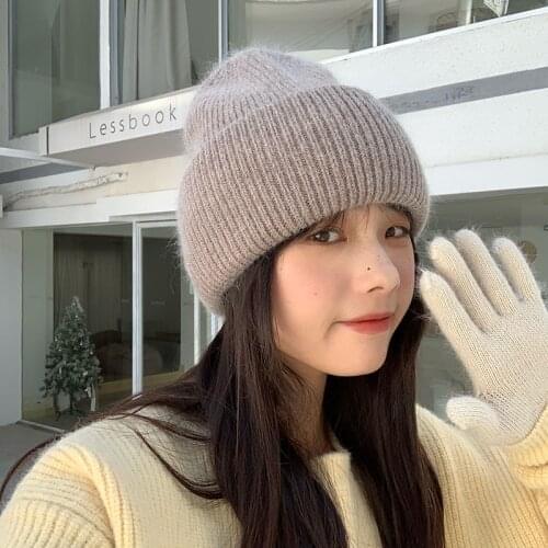 2021Autumn Winter Rabbit Hair Winter Hat Warm Beanies Hats Casual Women Solid Adult Cashmere Knitted Beanie Hat with Bright Wire