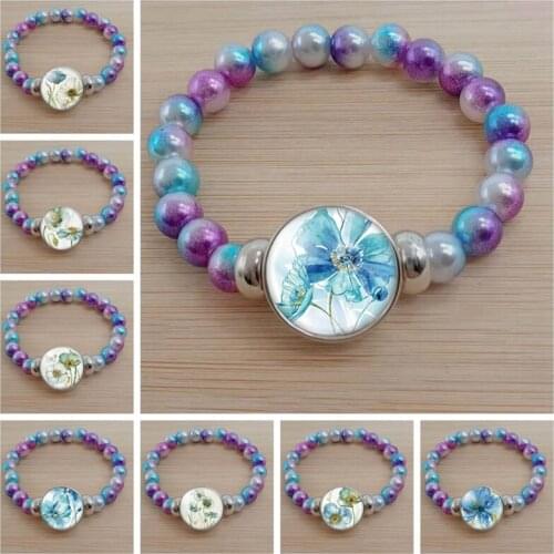 Blue painted flower landscape painting leisurely cute cabochon glass bracelet colorful beads bracelet gift