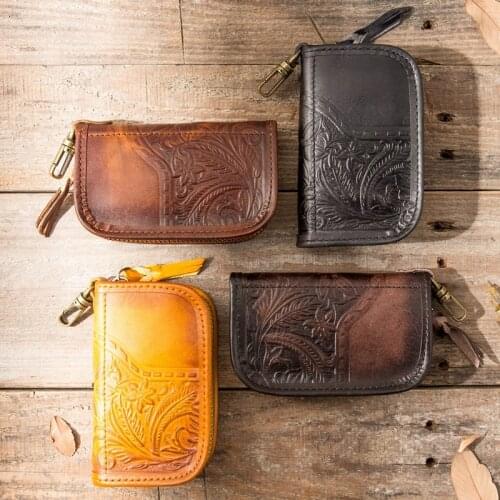 Key Bag Mens Zipper Mens Car Key Bag Coin Purse Card Bag Large-capacity Handmade Leather First Layer Leather Women Cow Leather