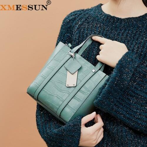 XMESSUN Women Genuine Leather Bucket Bag Cowhide Fashion Crocodile Pattern Shoulder Messenger Bag Large Capacity Shopping Bags
