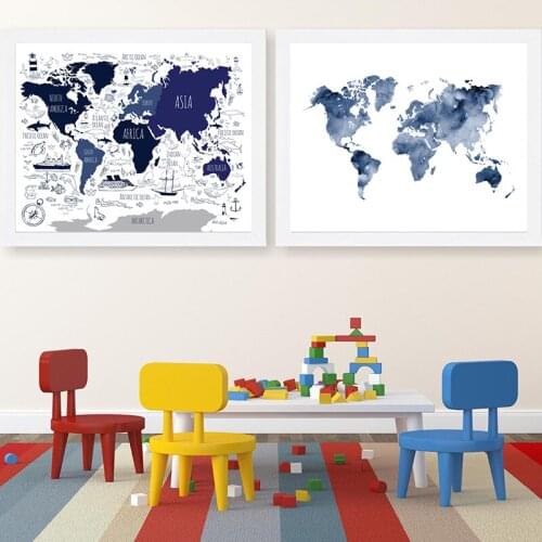 Navy Blue Nautical World Map Poster Prints Kids Educational Wall Art Pictures Nordic Nursery Canvas Painting Boys Room Decor