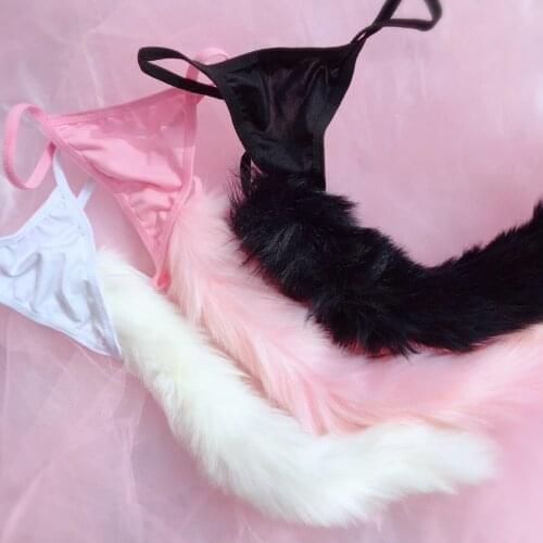 Kawaii Fox Tail Sexy G-string Thong Panties Cute Women Little Fox Long Tail T-back Cat COS Panties Temptation Lingerie Underwear