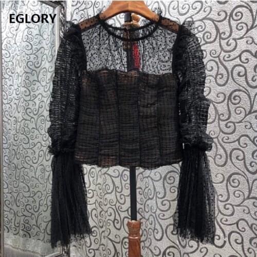 Crop Tops 2021 Spring Fashion Style Women See Through Mesh Patchwork Flare Sleeve Sexy Pleated Black Lace Tops Blouse Female