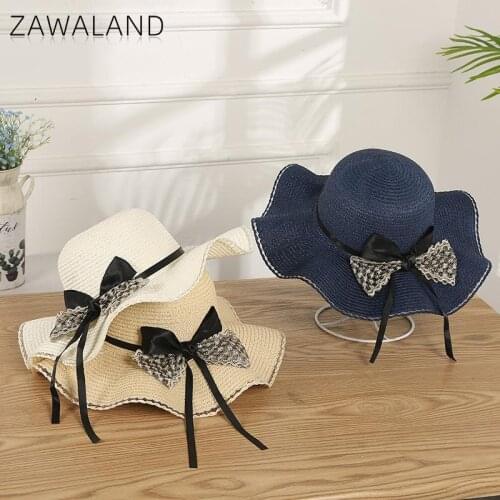 Zawaland Fashion Summer Beach Straw Hats with Bow Ladies Wave Traval Sunhat Outdoor Brimmed Caps Women Sun Protection Headwear