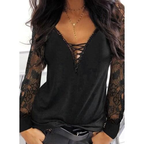40#Women Blouses Off Shoulder Lace Hallow Bandage Office Lady Shirts Pullover V-neck Elegant Bottoming Blouse рубашка женская