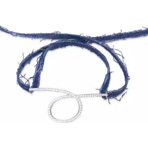Women Fashion Multilayer Denim Lace-up Bracelet with solid 925 Sterling Silver Micro Zircon Loop Charm Bracelet Jewelry