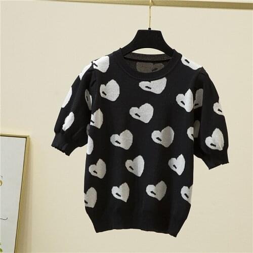 Casual Sweet Loving Print O-Neck Sweater Women 2021 Summer Pullovers Thin Knitted Woman Sweaters Short Sleeve Tops Short Sweater