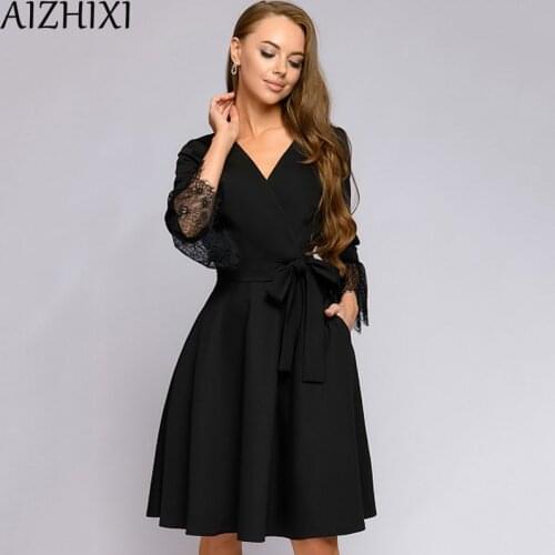 AIZHIXI 2020 Autumn Lace Stitching Flare Sleeve V neck Dress Women Elegant Wrist Sleeves Sashes Pockets Mini Dresses For Office