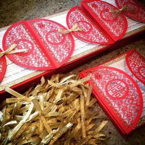 DIY glitter gold paper,printed insert paper,red chinese invitation cards with tied gold ribbon