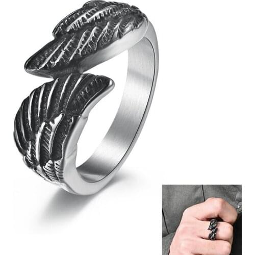 2020 Vintage Antique Stainless Steel Ring For Men And Women Punk Feather Angel Wing Male Band Gift Jewelry Size 7-12