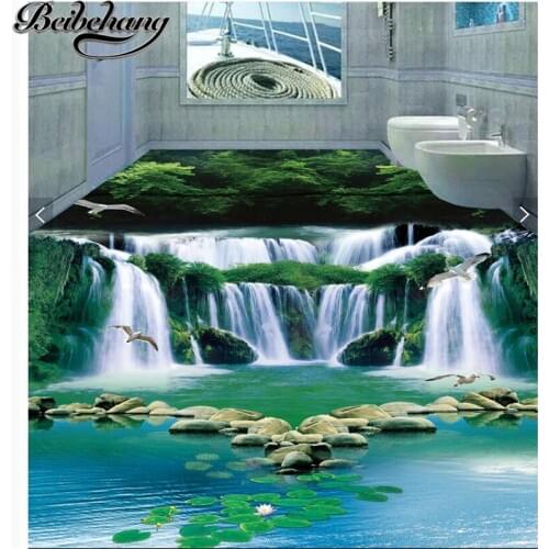 Beibehang Custom Fresco Wallpaper 3d self-adhesive dream waterfall water green forest floor painting 3D bathroom bedroom floor