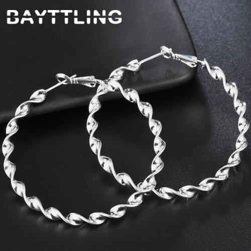 BAYTTLING 2121 New 925 Sterling Silver 45MM Corrugated Twisted Big Hoop Earrings For Women Fashion Glamour Wedding Jewelry Gifts