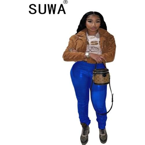 Black Pu Leather Women Stacked Pants High Waist Casual Leggings Skinny Tights Pencil Pants Activewear Pleated Trousers