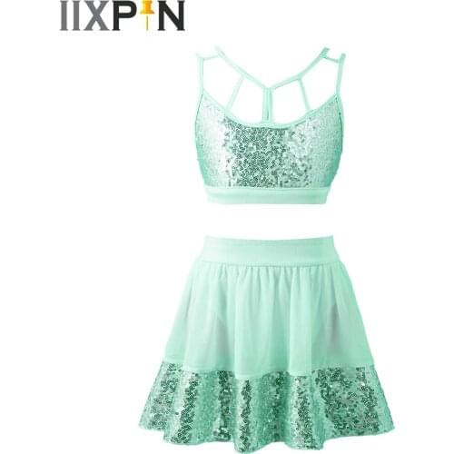 Sequins Kids Girls Dance Costumes Party Ballet Dance Gymnastics Outfit Set for Birthday Gift Ballet Class Performance Clothes