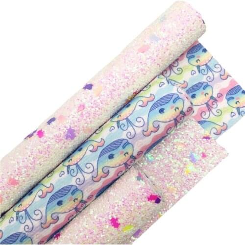 Double Sides Unicorn Chunky Glitter Leather with Printed Dophine Backings Soft Backing Leather for Bows DIY A4 SIZE 6S64B