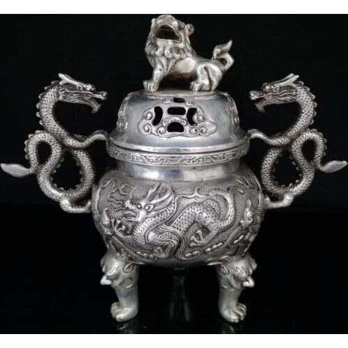 China White copper Double Dragon lion lid incense burner crafts statue