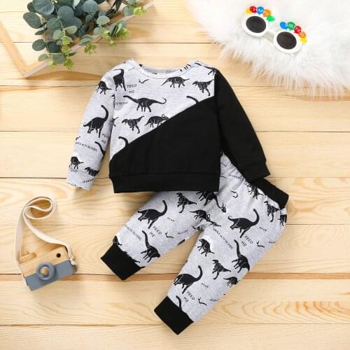 Black+White 0-2 Years Baby Boys' Suit Dinosaur Toddler Kids Long Sleeve T-shirt + Trousers Outfits Boysuit Babys Clothing