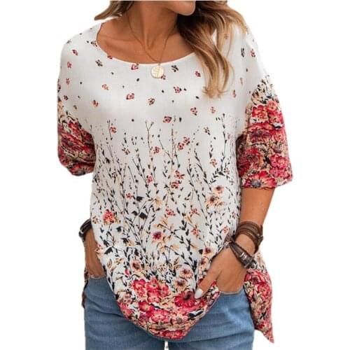 Summer Casual Tee Women O-Neck Short Sleeve Vintage Tops Loose Floral Print Shirts Female Harajuku Pullover Streetwear