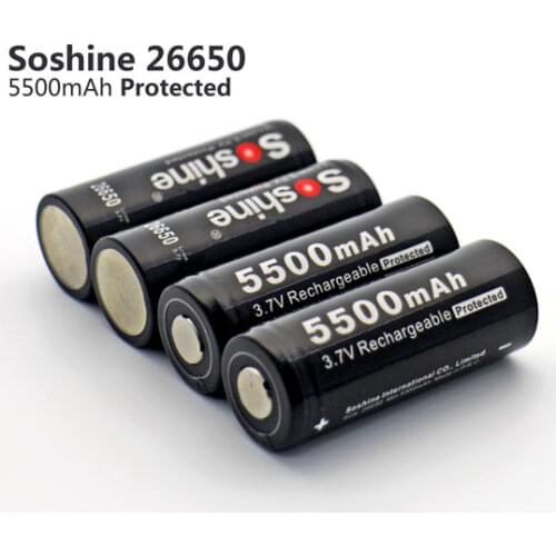 4Pcs/LOT SOSHINE 26650 5500mAh 3.7V Rechargeable Li-ion Battery with Protected Flashlight batteries with Box Power Sources
