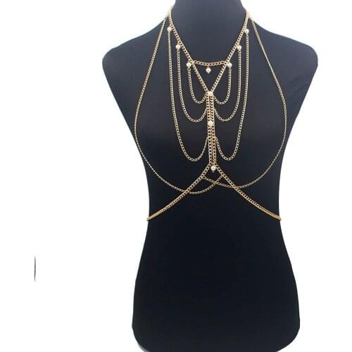 MEILIYISHI New Hot Womens Sexy Charm Pearl Body Chains Ladies Metal Chain Chest Chain Bikini Body Jewelry Necklace