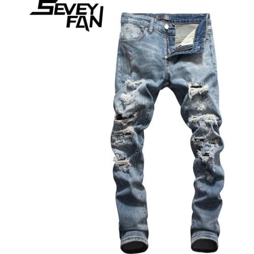 SEVEYFAN Mens Skinny Ripped Hole Jeans Stretch Washed Pencil Denim Pants Stretch Slim Trousers Male