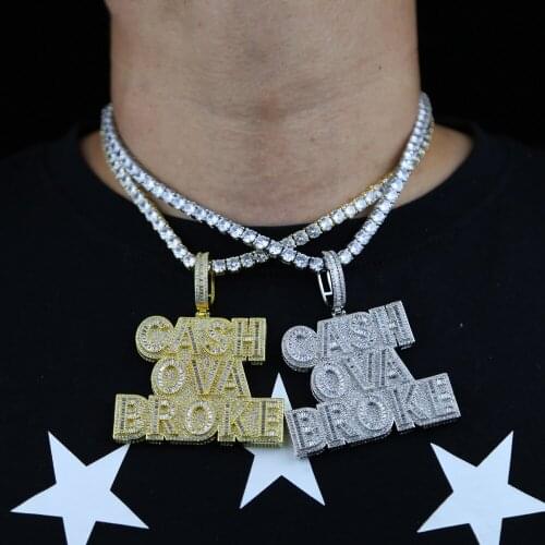 2021 Hiphop Iced Out Bling Zircon letter Cash Ova Broke charm Gold Plated Pendant Necklace for Men Boy Rock Tennis Chain Jewelry