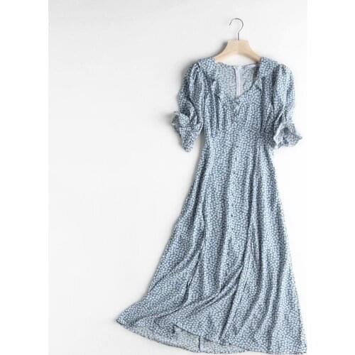 Floral long dress women short sleeve ruffled peter pan collar dress button up summer dress vestidos mujer