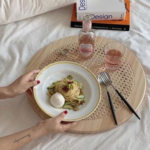 Tea Cup Tray Wood Rattan Movable Snack Tray Dinner Plate Kitchen Accessoriess Serving Organizer Storage Plate