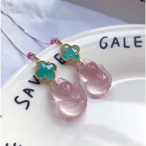 Natural Rose Quartz Pink Crystal Fox Earrings Women Gift 20x16mm 925 Sterling Silver Earring Star Light AAAAA
