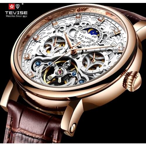 TEVISE New Mens Watches Top Brand Luxury Genuine Leather Automatic Mechanical Tourbillon Clock Waterproof Sport Watches for Men
