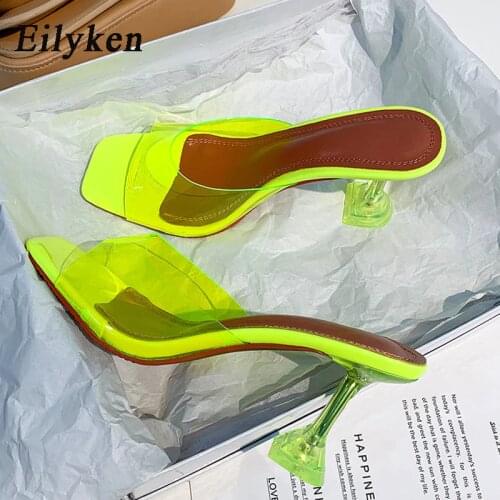 Eilyken Green PVC Jelly Slippers Crystal Open Toe Perspex Sike High Heels Crystal Women Transparent Heel Sandals Slippers Pumps
