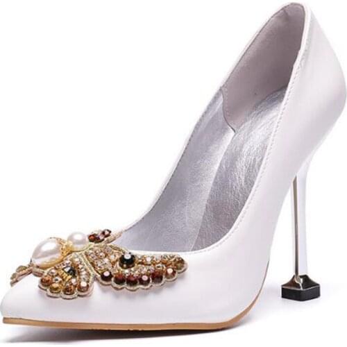 Pumps Women Shoes Women PU Slip On Thin High Heels Pointed Toe Dress Office & Career Party Wedding Rhinestones Butterfly-knot