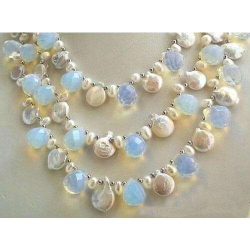 Unique Pearl Jewelry 3 Rows White Round Coin Freshwater Pearl Natural Opal Drip Necklace Handmade Perfect Women Jewelry