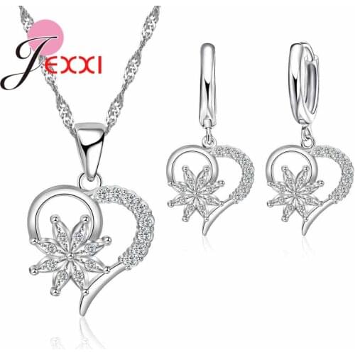 Unique Design Simple Hollow Heart and Flower Shape Necklace Earrings Jewelry Sets Women 925 Sterling Silver Bijoux