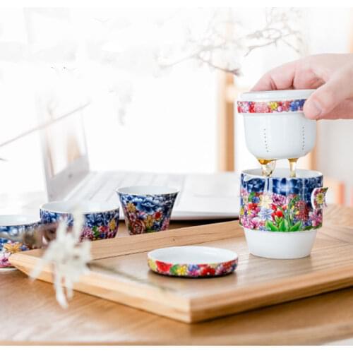 Vintage Portable Travel Tea Set Enamel Color Teapot with 3 Teacup China Style