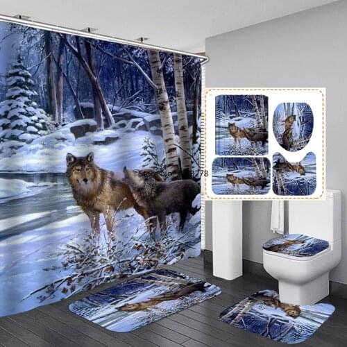 3D Wolf Printed Curtain Printed Shower Curtain w/12 Hooks + 3pcs Non Slip Toilet Door Rugs Lid Mat Carpet Bathroom Home Decor