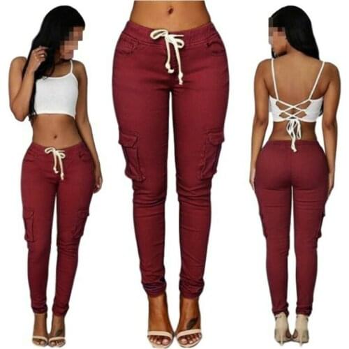 Women Tight Skinny Pencil Pants Elastic Waist Multi-pocket Casual Trousers 4XL B
