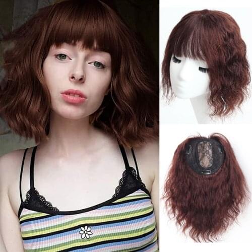 Toupee for Women Silk Base Hair Topper Hairpieces with Bangs Natural Wave Human Hair Clip in Crown Toppers for Thinning Hair