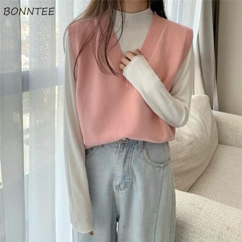 Sweater Vests Women Students Plus Size V-Neck Sleeveless Knitted Basic Loose Casual Korean Style Preppy All-match Womens Autumn